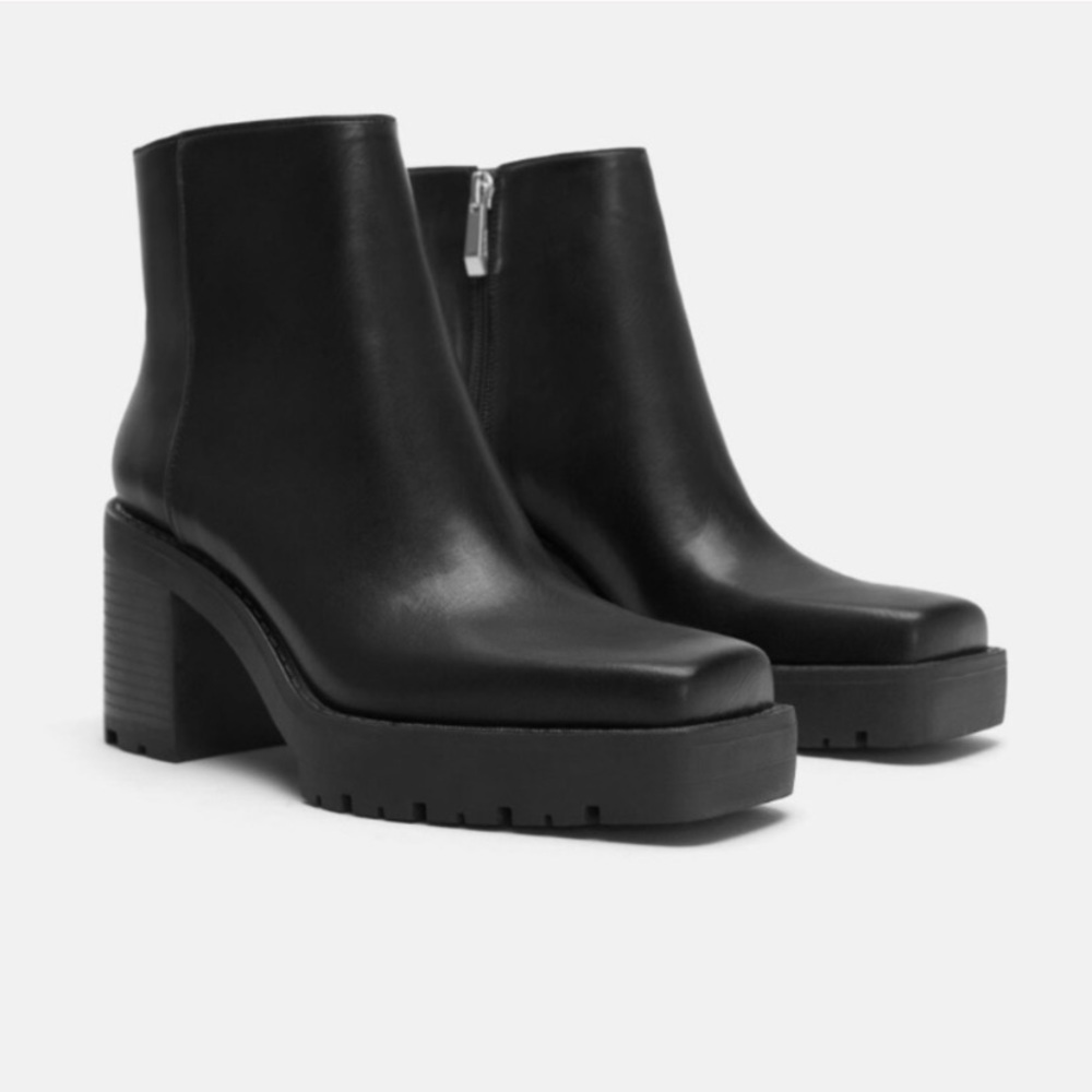Zara Vegan Square Toe Chunky Boots Size 37